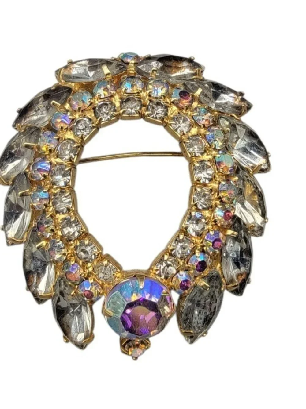 Juliana D&E Verified 4130 Clear Navette & AB Rhinestone Wreath Brooch Vintage